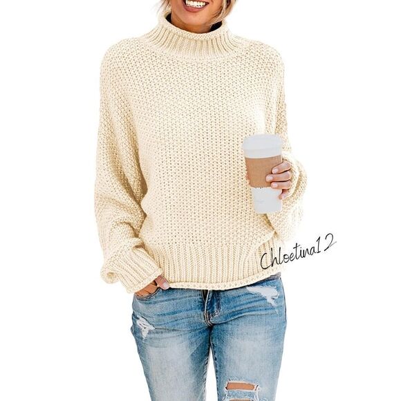 New High Neck Long Sleeve Chunky Knit Pullover Turtleneck Sweater - Picture 6 of 7